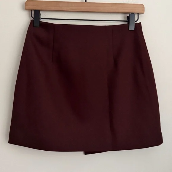 Commense Retro Belted Zipper Skirt chocolate brown faux wrap asymmetric XS nwt - Picture 4 of 8